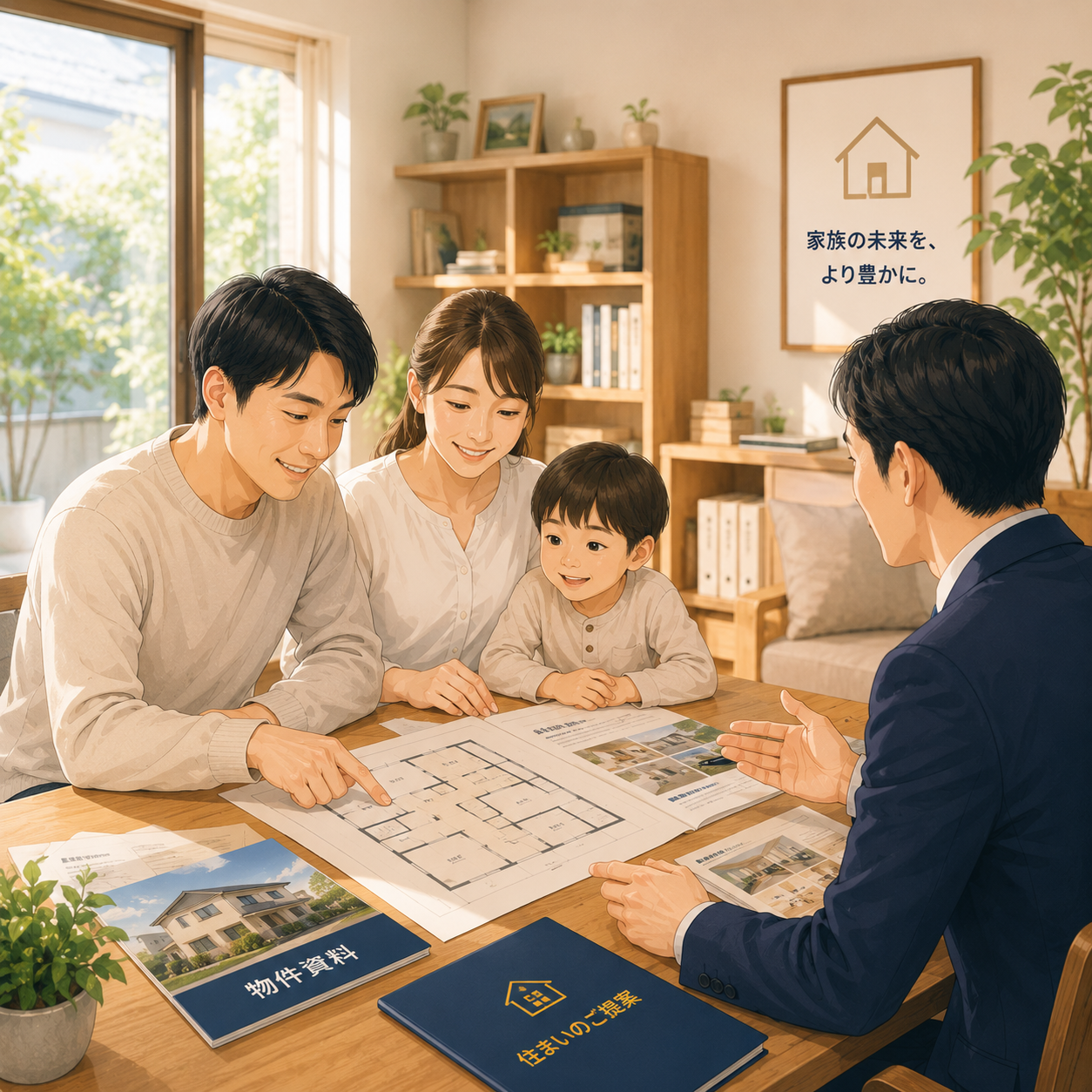 家族で物件説明を受ける温かいリビングのシーン